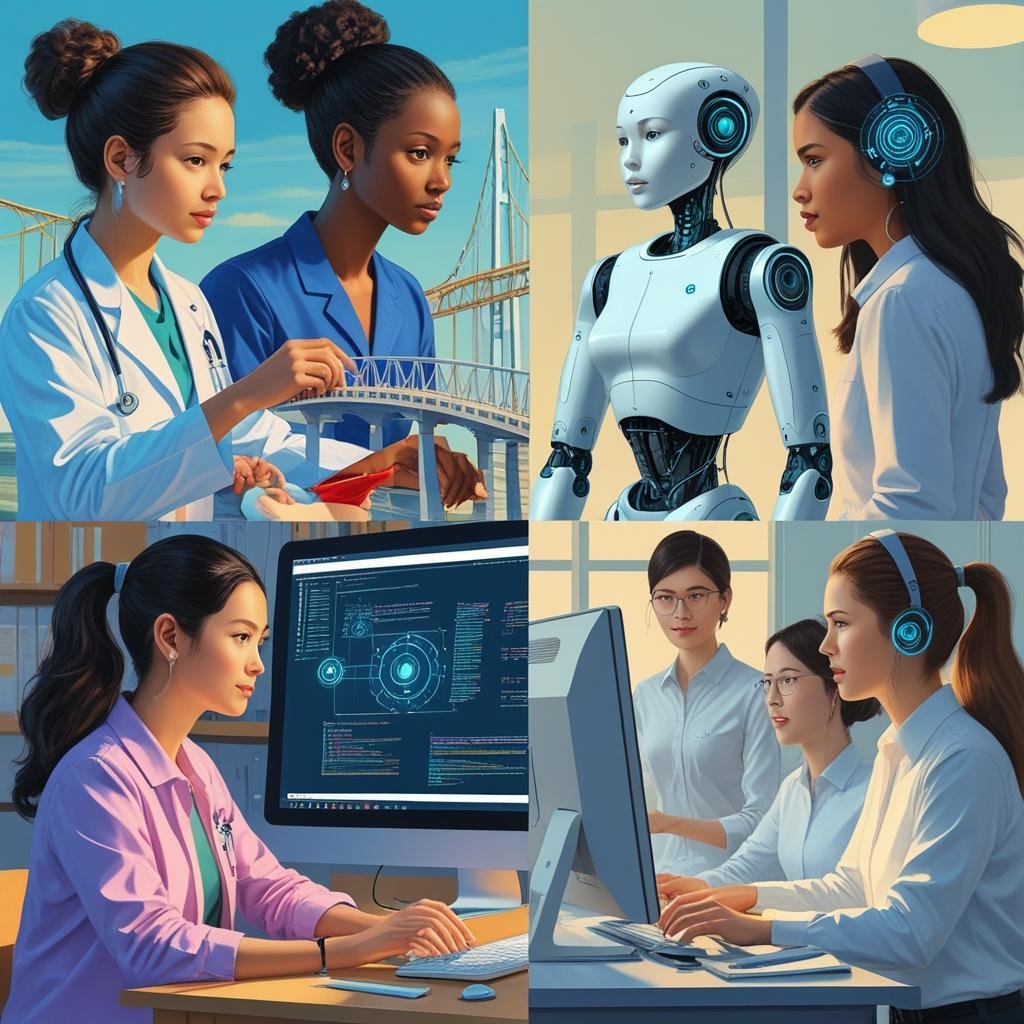 AI Impact on Jobs A humanoid AI voice assistant taking customer service calls in a futuristic call center, with empty chairs around