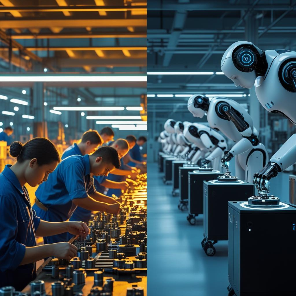 AI Impact on Jobs AI robot working on an assembly line in a factory replacing human workers, mechanical background