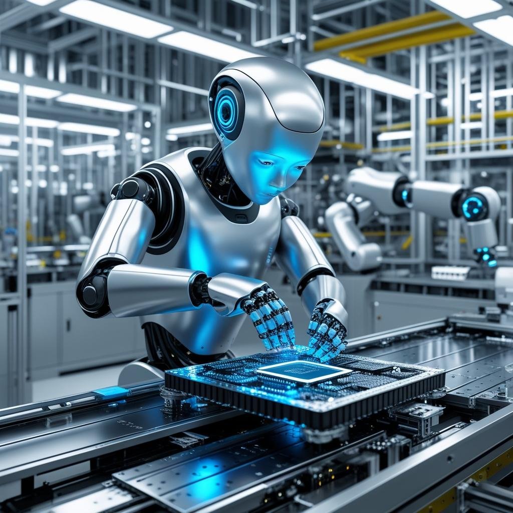 AI Impact on Jobs AI robot working on an assembly line in a factory