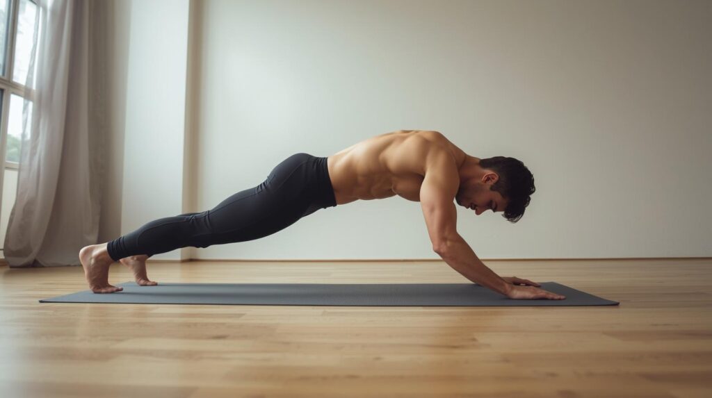 Healthy lifestyle and Plank Exercise Benefits during evening yoga mat workout