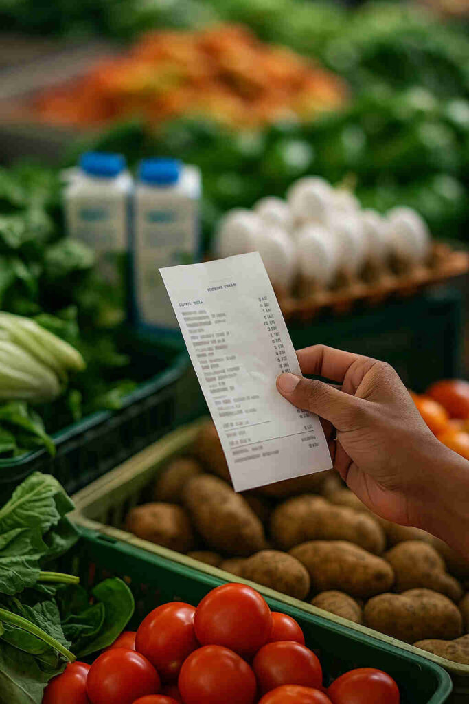Salary Planning Close-up of grocery shopping items like vegetables, milk, and bills, representing household expense management in ₹20,000 सैलरी प्लानिंग