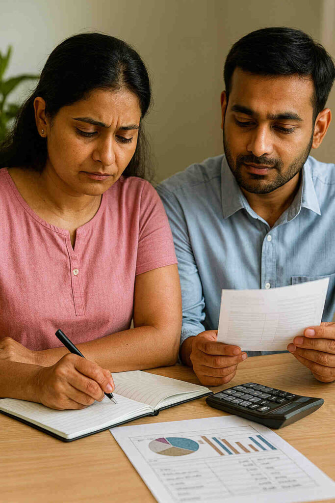 Salary Planning Indian couple reviewing monthly budget with calculator and bills at home, showing effective ₹20,000 सैलरी प्लानिंग for savings and investment